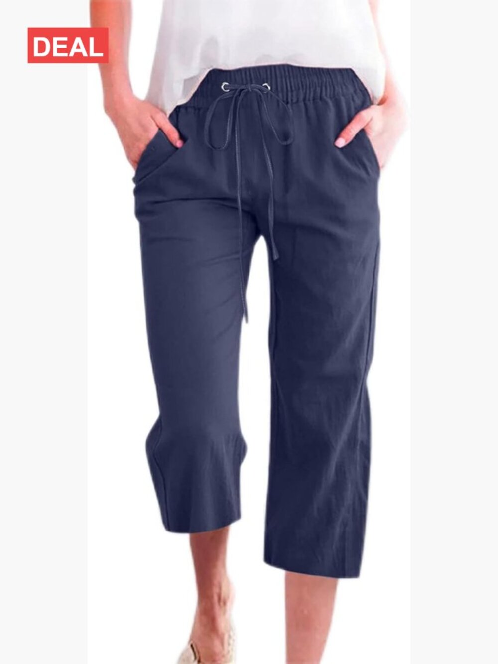 Women's Cotton Linen Capri Pants Drawstring Elastic Wide Leg Summer